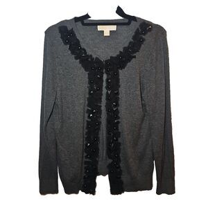 Michael Kors Women's Grey Black Ruffles Cardigan Small Girly, Feminine Career